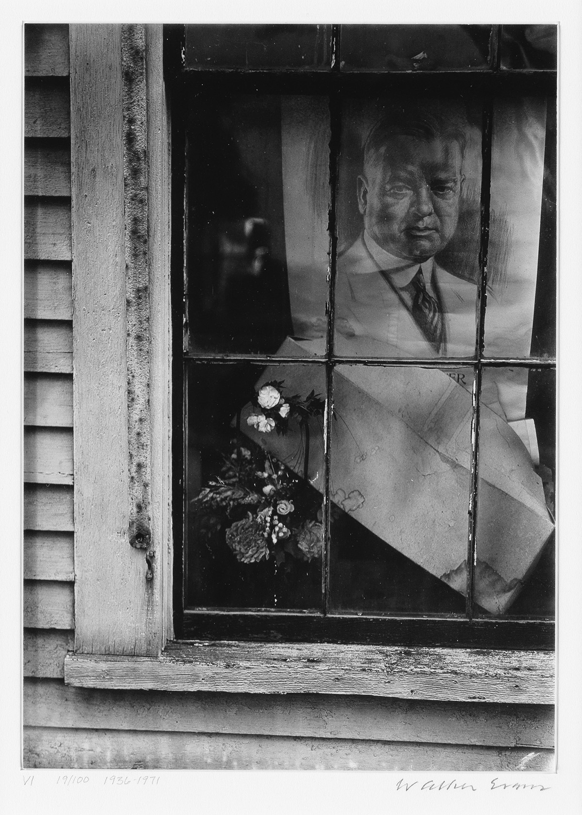 WALKER EVANS (1903-1975) Flowers and Poster of Herbert Hoover in House Window, Wellfleet, Massachusetts.